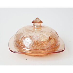 Vintage Jeanette Glass Floragold Covered Butter Dish